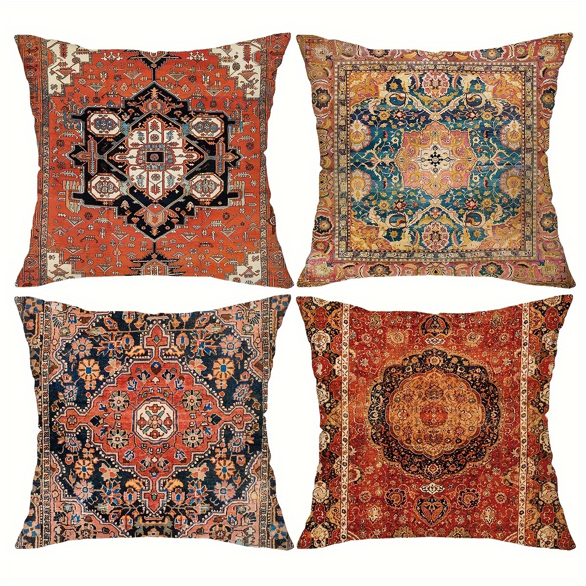 

4 Pcs Vintage Boho Pillowcases - Stylish Ethnic Prints With Vibrant Rug Motifs - Durable And Soft Upholstery For Home, Bedroom, Living Room, Car And Sofa