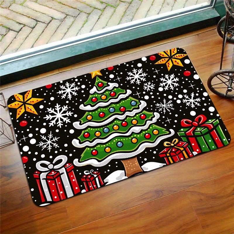 

Christmas Tree And Gift Design Doormat - Machine Washable, Polyester With Pvc Backing, Rectangular Holiday Decorative Rug For Entryway, Living Room, Bedroom, Kitchen - Indoor Use