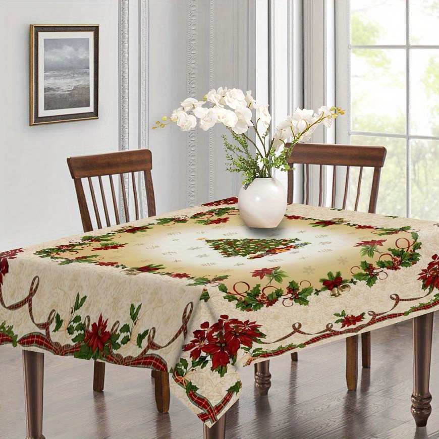 

1pc Christmas Holiday Theme Rectangular Tablecloth - Machine Made Woven Polyester Fabric With Tree & Floral Print Edge - Ideal For Dining Room Decor, , And Holiday Parties