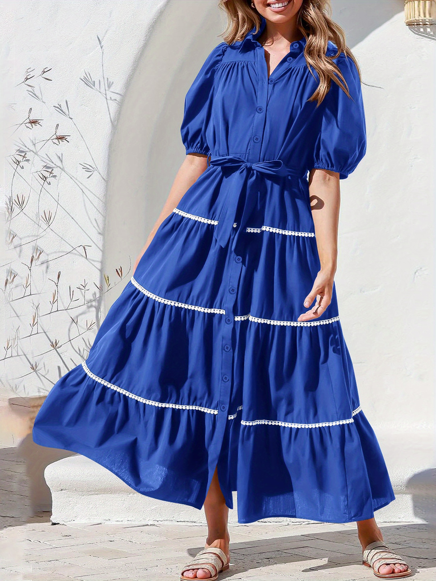 womens button shirt dress summer short puffy sleeve tiered - Temu