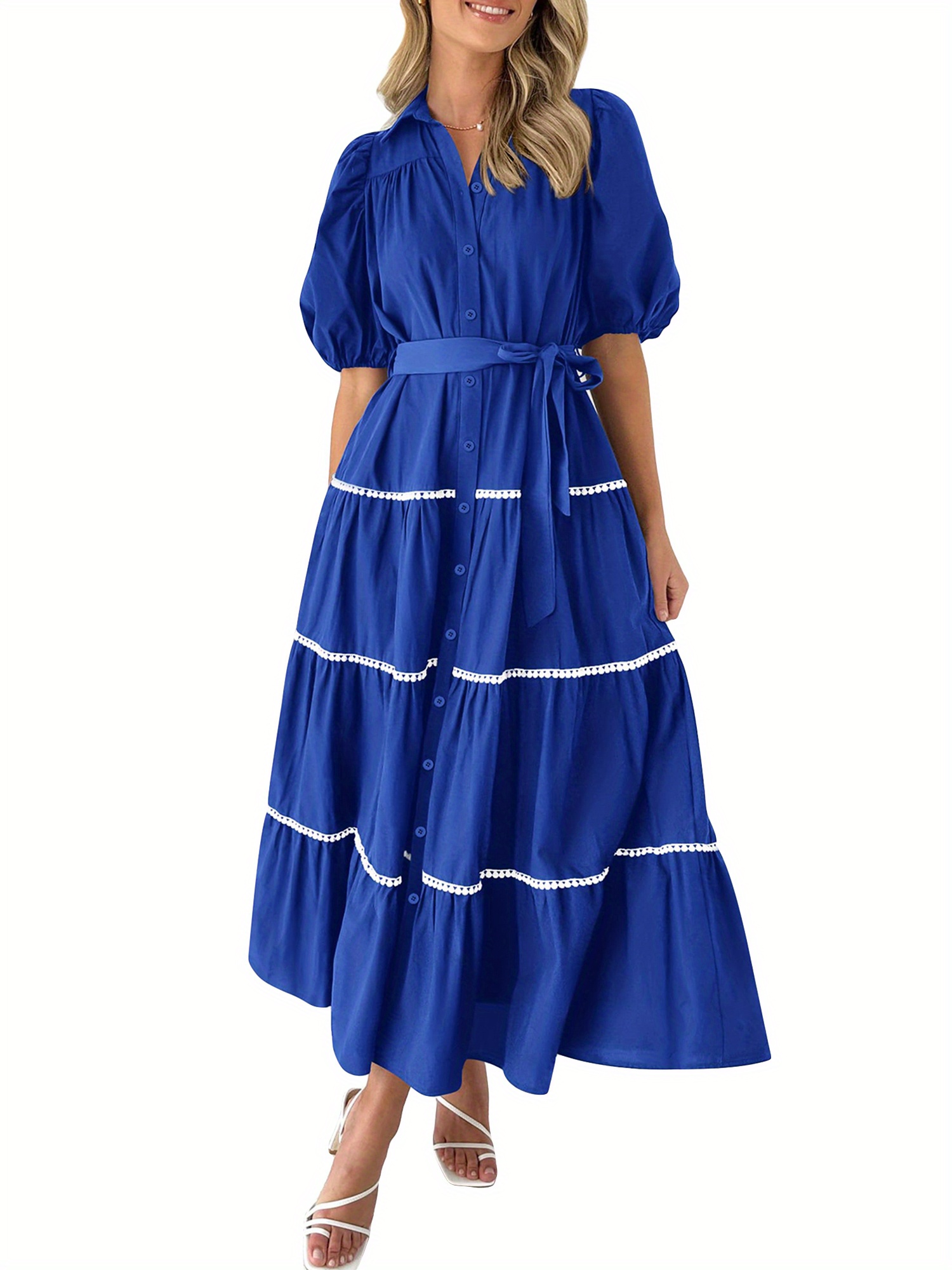 Women's Button Shirt Dress Summer Short Puffy Sleeve Tiered Ruffle Flowy Long Dress - POLYESTER, Lightweight, Machine Washable, Casual Style, Solid