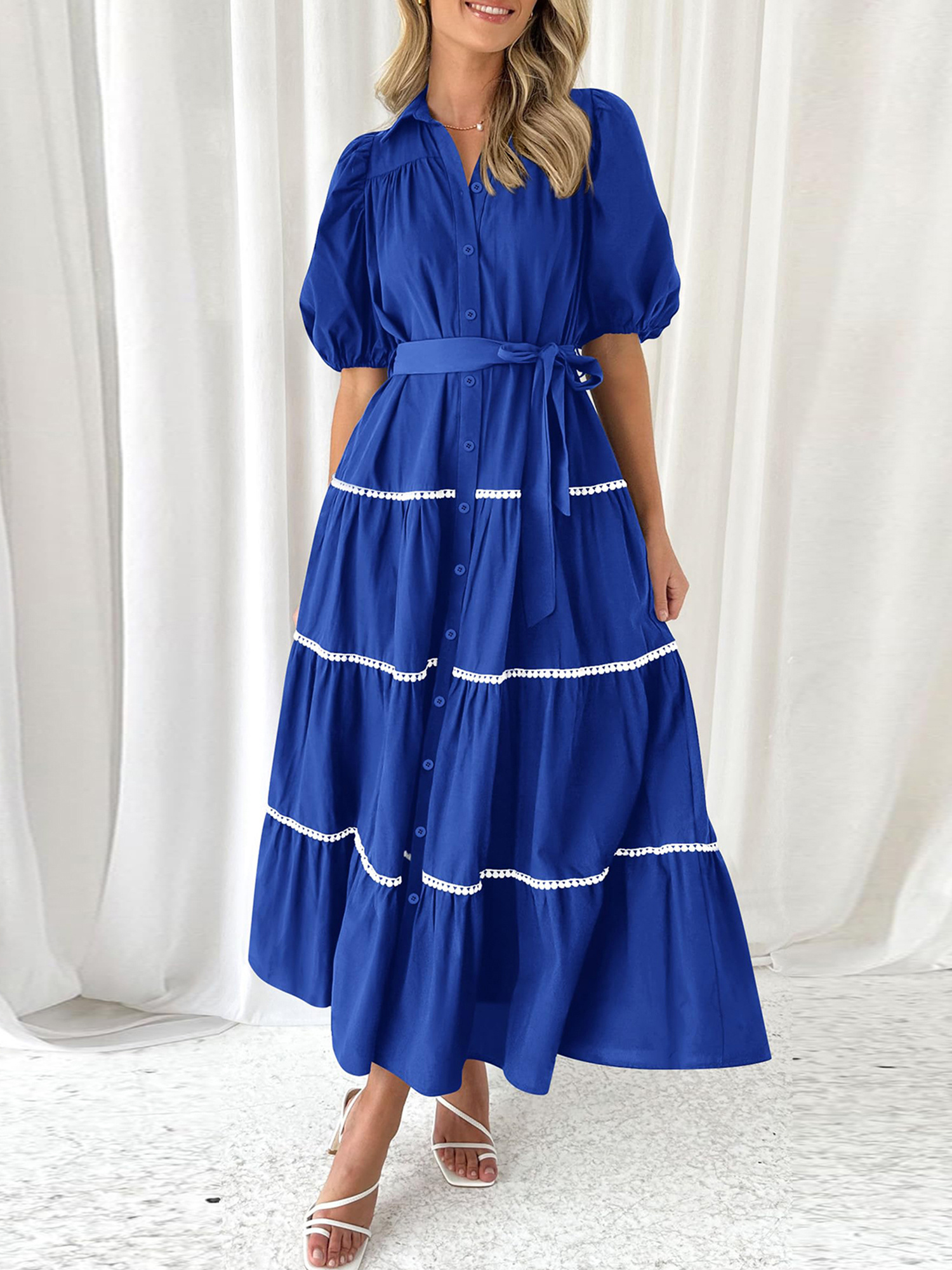 green emerald velvet dress Women's in Perfect Order Pink Stripe Button Front Ruffle Collar Midi Shirt Dress | Size: S main image 0