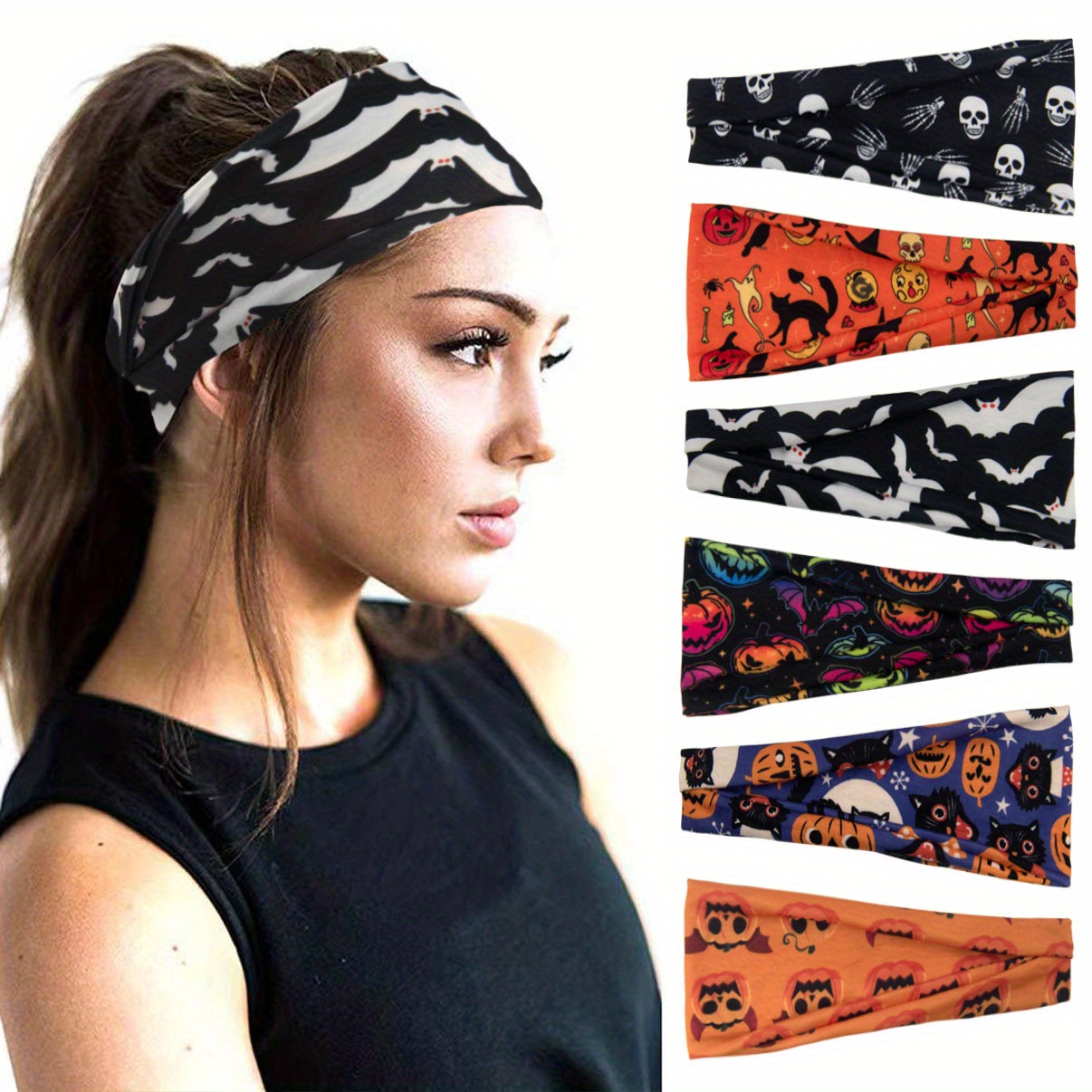 

7pcs Skull Pumpkin Black Cat Bat Printed Headbands, Stretchy, Non-slip Hair Bands For Sports & Party Costumes