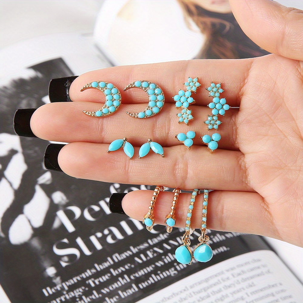 

6-pack Retro Metal Turquoise Star Moon Leaf Geometric Earrings Women's Set