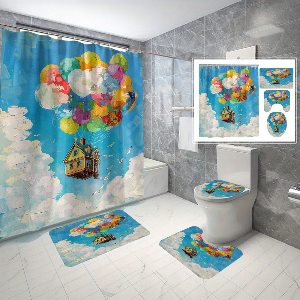 

[kaijit]1pc/3pc/4pc Colorful Balloon House Digital Printing Polyester Waterproof Shower Curtain Without Punching Partition Bathroom