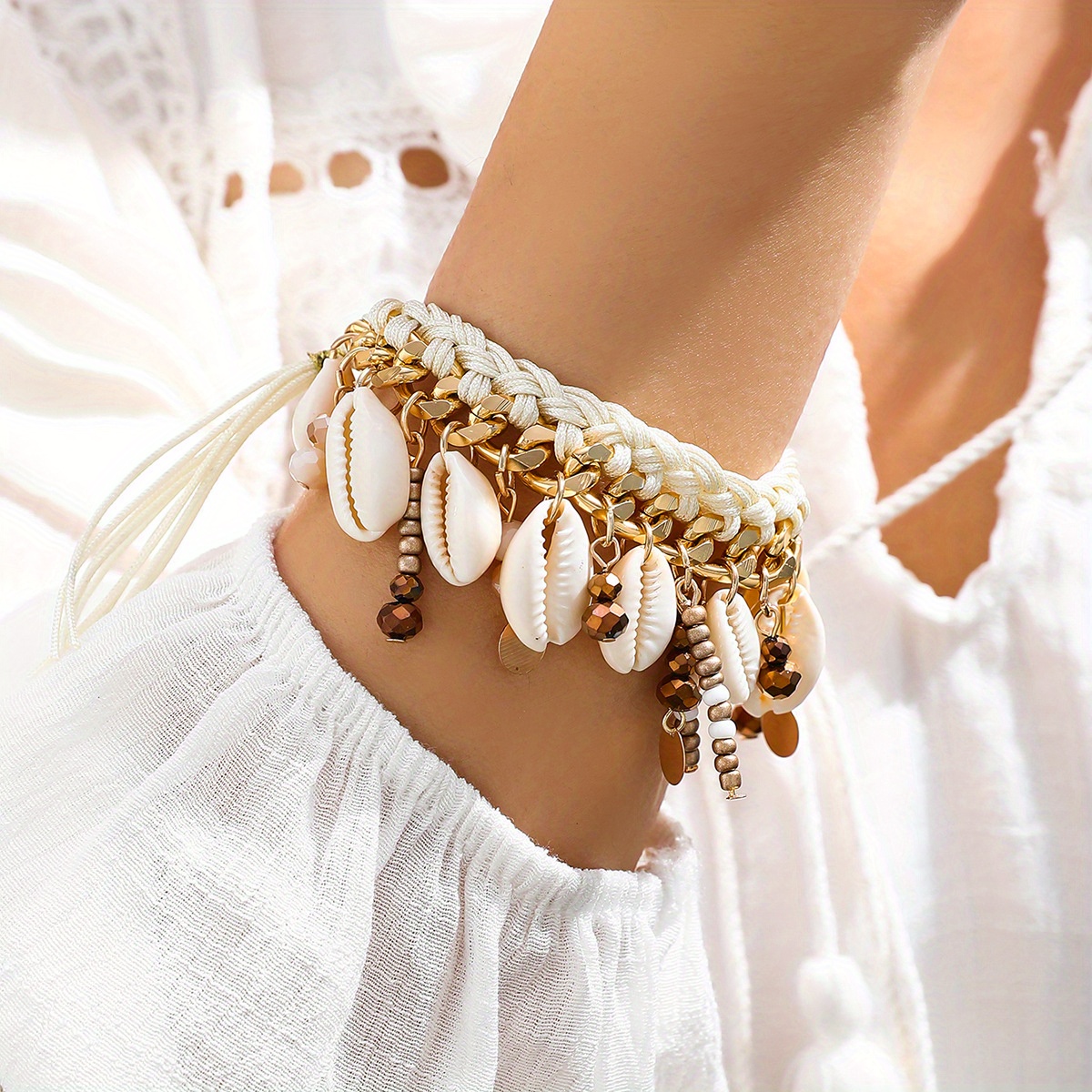 

1 Pcs Bohemian Bracelet Shell Ocean Style Adjustable Handmade Braided Rope Bracelet Beach Surfing Carrying Strap For Women