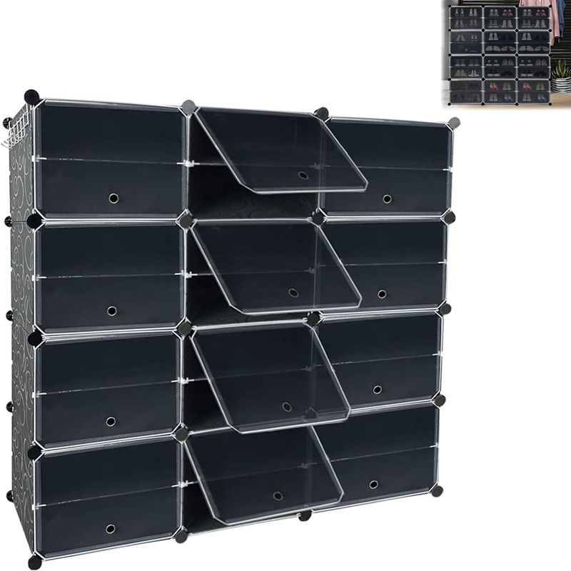 

Shoe Rack, Diy Shoe Cabinet Organiser, Shoe Rack With Door, Plastic, Multifunctional Shoe Rack, Shelf System, Black And Transparent (3 Columns X 8 )