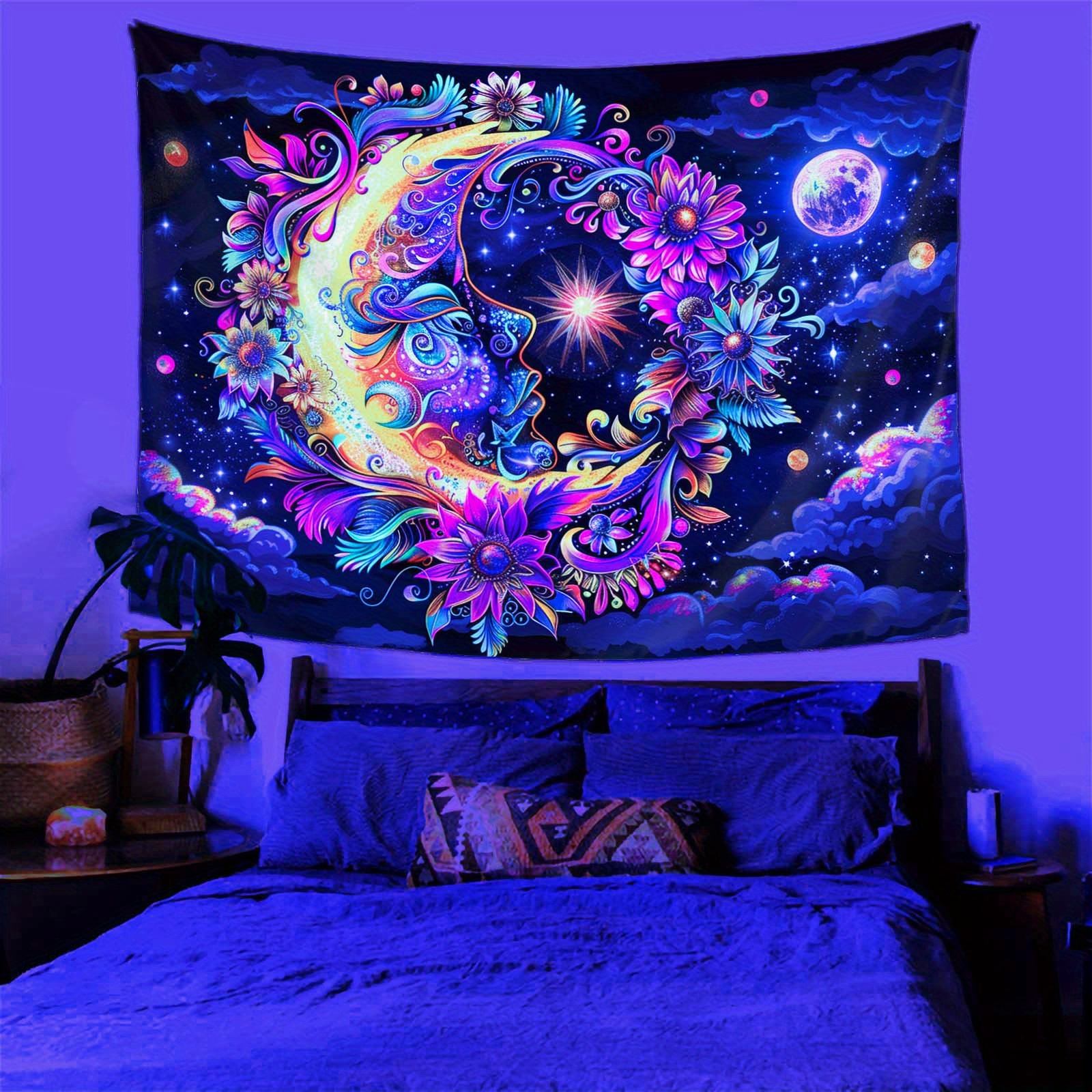 *-the-* and Floral Tapestry – UV Reactive Black Light Wall Hanging,  Psychedelic Night for Bedroom, Dorm, or Living Room Decor
