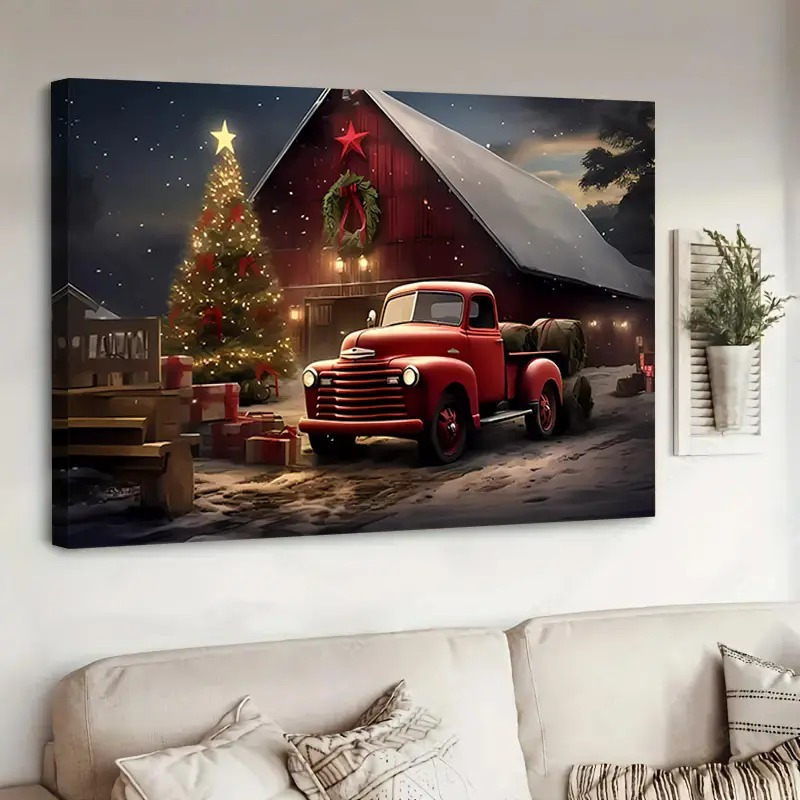 

1pc Framed Classic Red Truck Canvas Poster Country Landscape Painting Christmas Tree Canvas Wall Art Modern Art Winter Snow Wall Decor Ldeal Gift For Bedroom Living Room Home Decor1