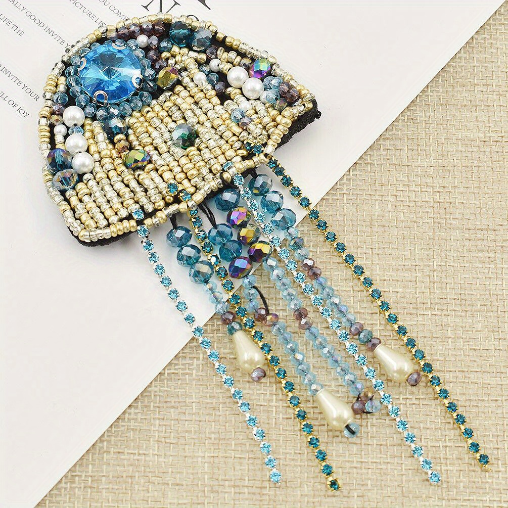 

Sparkling Rhinestone Jellyfish Patch - Beaded Applique Badge For Diy Coats, Jackets & Bags