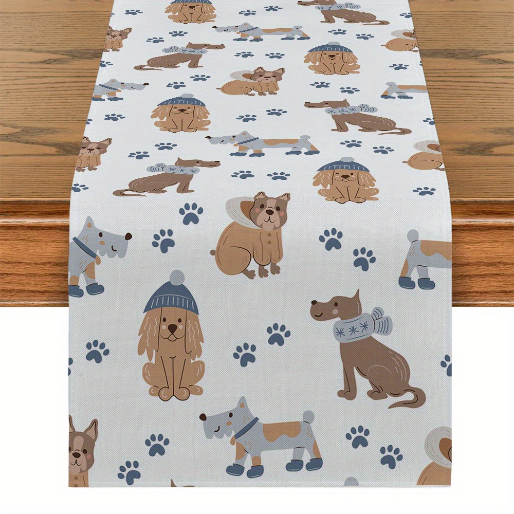 

Dog Paw Print Table Runner With Hats And Scarves Design, 1pcs Polyester Woven Rectangle Table Decor For Kitchen, Dining, Home Room, And Restaurant Decor