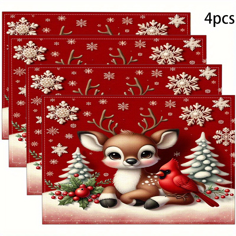 

4pcs Christmas Theme Placemats - Woven Linen Fabric, Premium Insulation Table Mats, Modern Simplicity Design With Reindeer & , Square Shape, Machine Washable