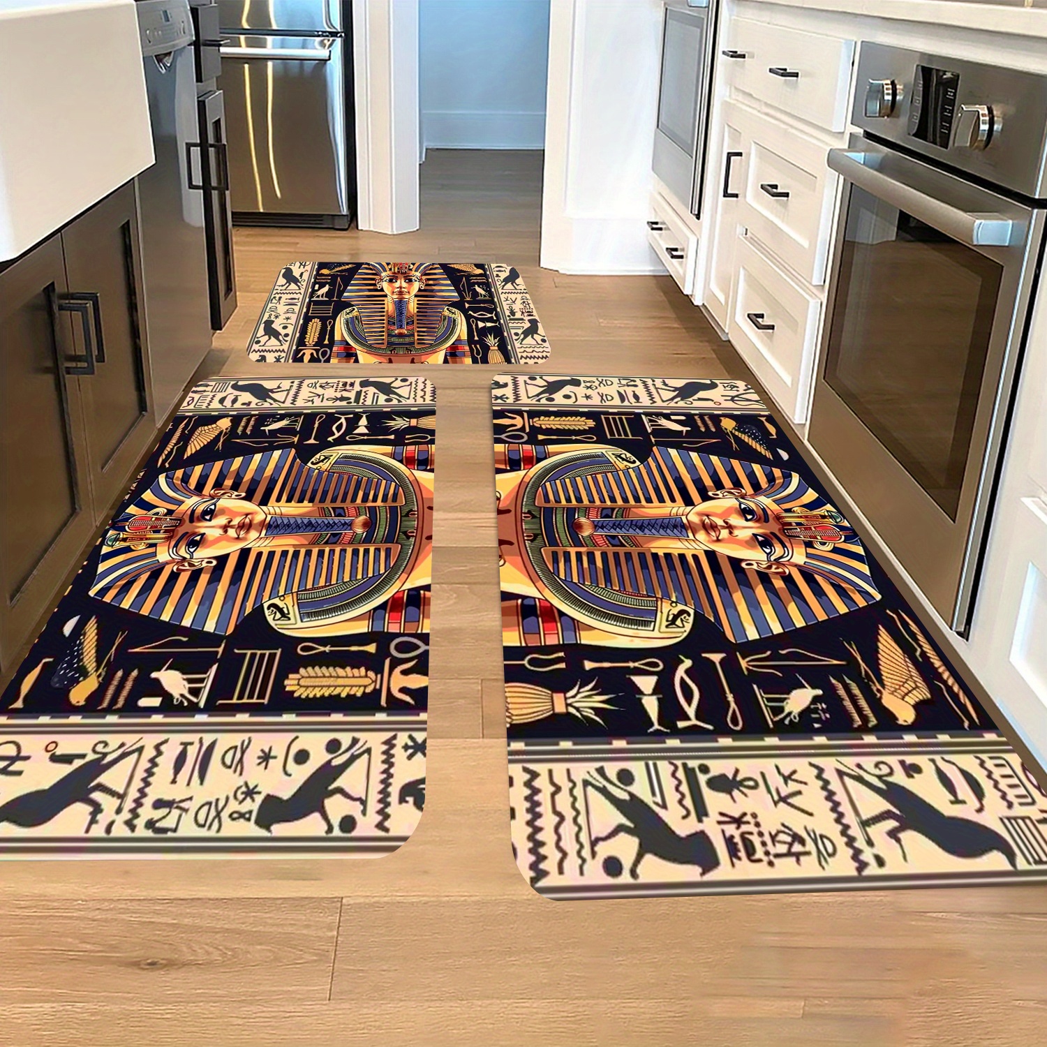 

3-piece Set Ancient Egyptian Pharaoh Polyester Area Rugs - Non-slip, Oil-proof, Absorbent Mats For Kitchen, Bedroom, Living Room - Machine Washable Indoor Floor Coverings