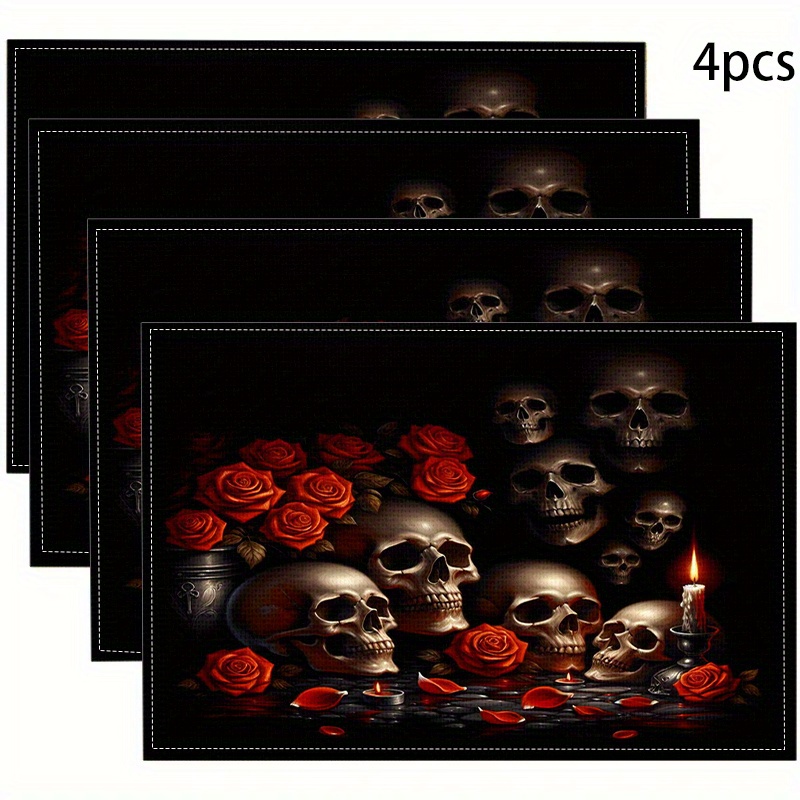 

4pcs Linen Place Mats For Dining Table – Woven Heat-resistant Table Mats With Halloween And Roses Design – Modern Placemat Set For Home, Square Shape, Machine Washable