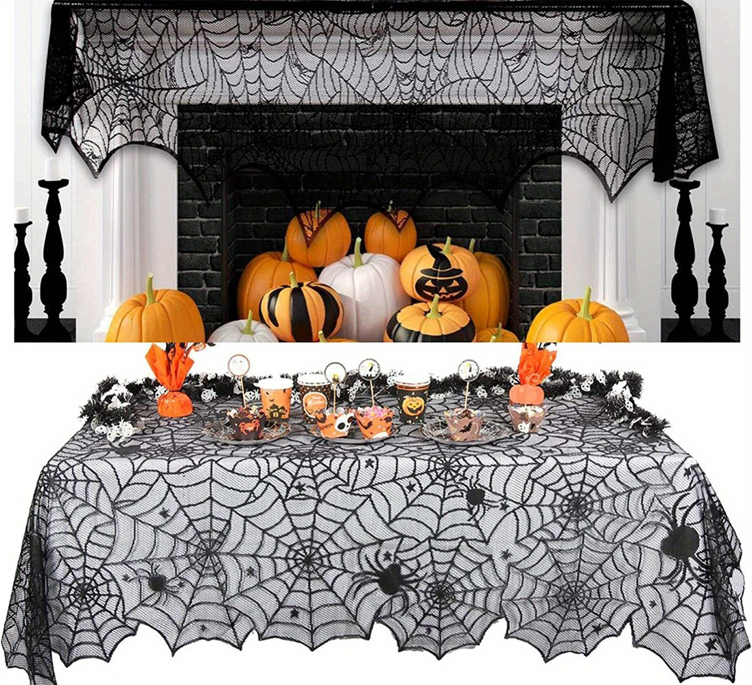 halloween decor set spider web design lace tablecloth fireplace mantel scarf cover spooky party horror themed decoration 1 piece each details 0