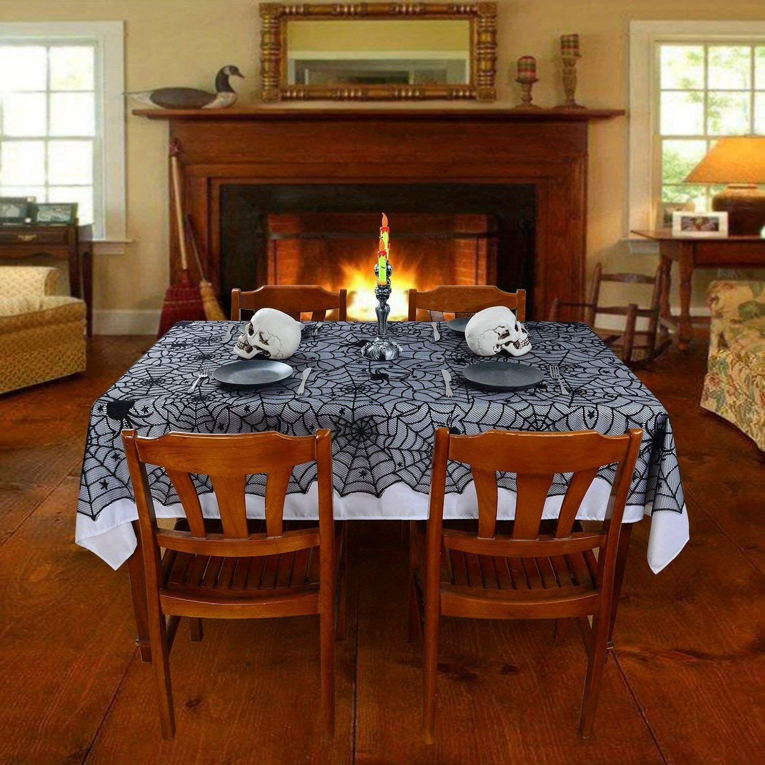 halloween decor set spider web design lace tablecloth fireplace mantel scarf cover spooky party horror themed decoration 1 piece each details 1