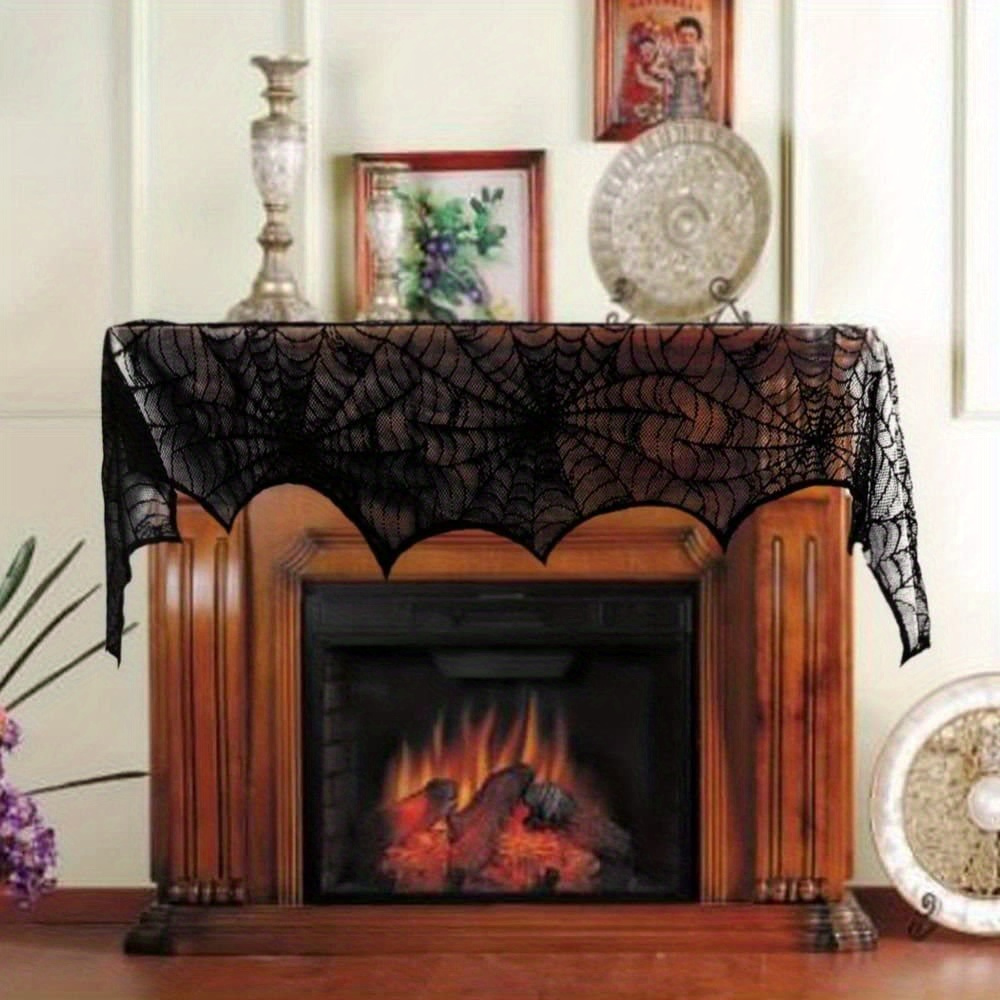 halloween decor set spider web design lace tablecloth fireplace mantel scarf cover spooky party horror themed decoration 1 piece each details 4