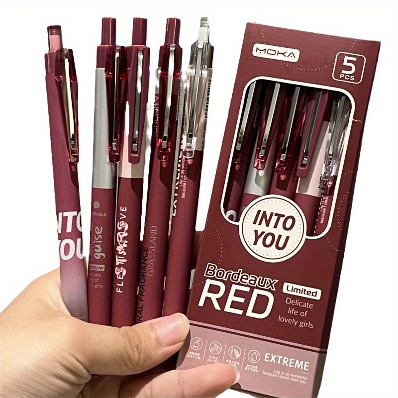 

5-pack Pens - Quick-dry Red Retractable Pen Set For Smooth