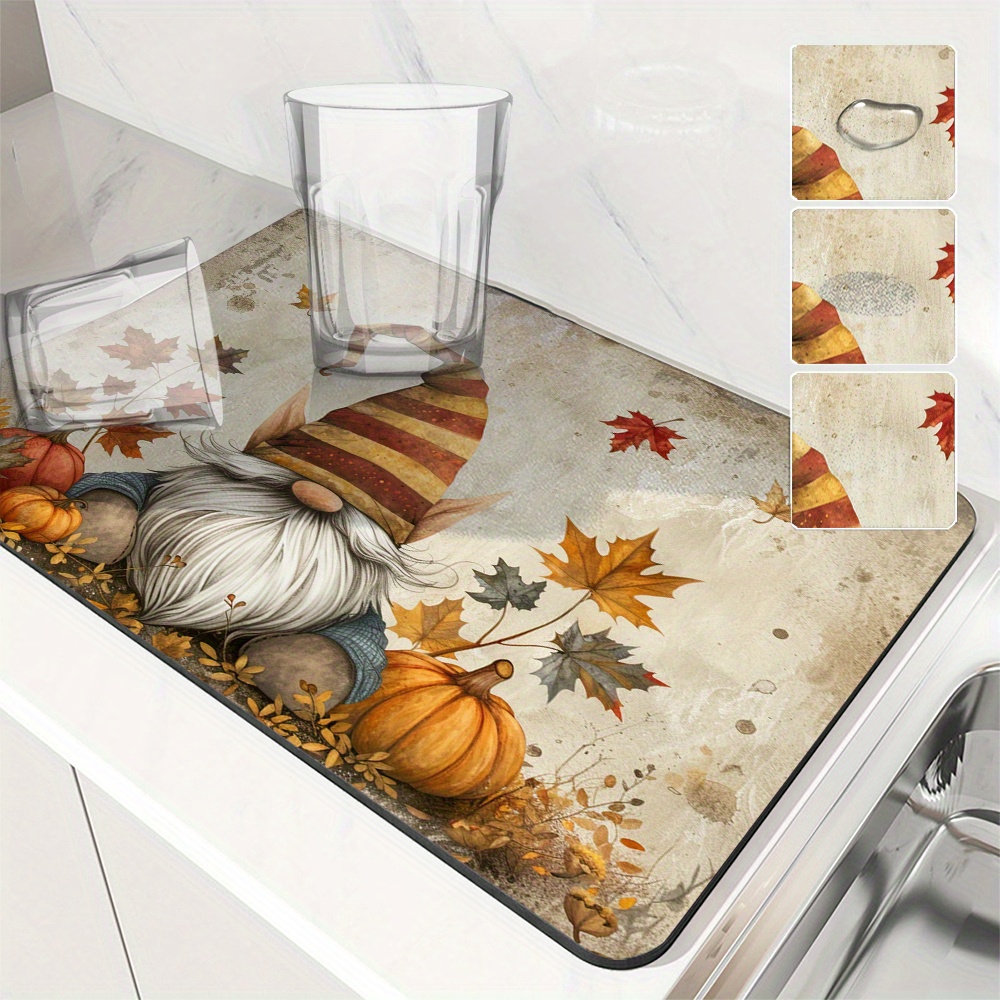 

Autumn Gnome Pumpkin Watercolor Absorbent Dish Drying Mats, Set Of 1, Anti-slip Polyester Kitchen Countertop Pad, Multipurpose Coffee Bar Mat, Machine Washable Heat-resistant Table Mat