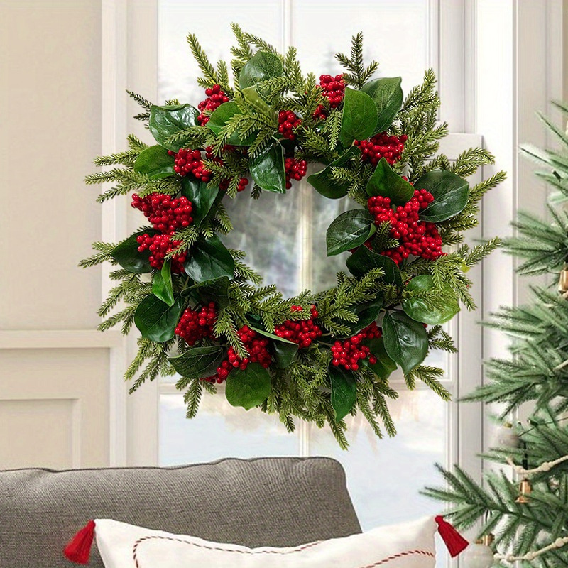 

16.5in Christmas-wreath For Front Door, Handcrafted Farmhouse Wreath With Variant Red Berry & Evergreen Leaf