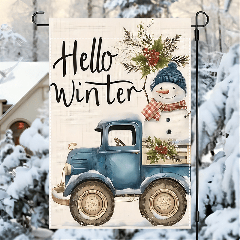 

Hello Winter" Snowman & Blue Flag - 12x18 Inches, Double-sided, Linen With , Waterproof Burlap For Outdoor Decor