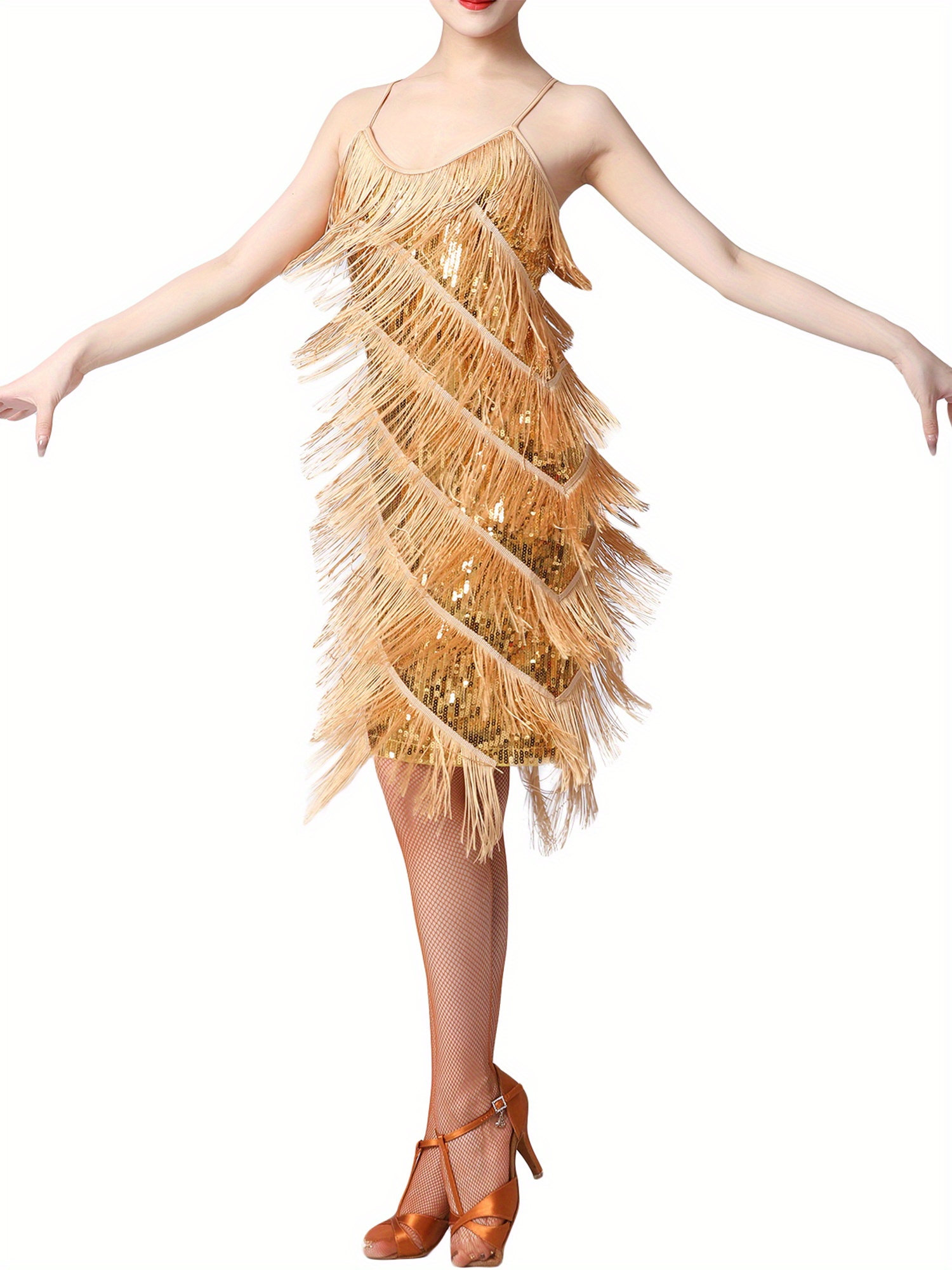 women latin dance dress spaghetti straps sequined - Temu
