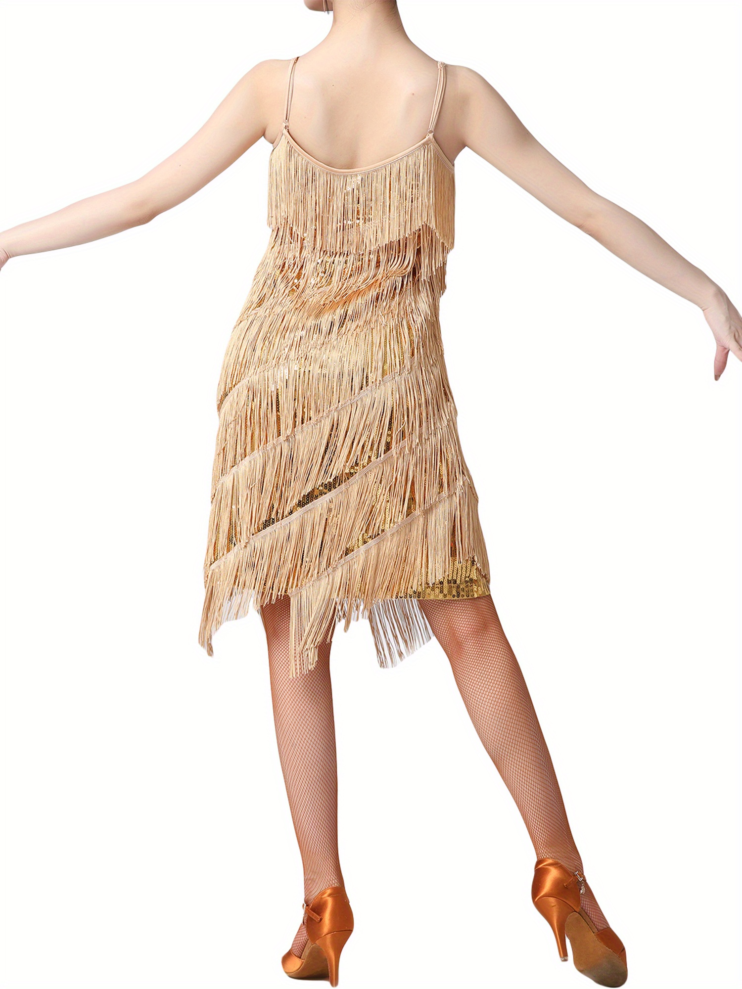 elegant beige sequined tassel latin dance dress women - Temu