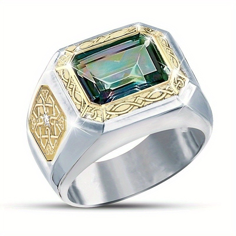 

Fashion Business Men's Two-color Ring Square Emerald Cut Square Crystal Beautiful Ring