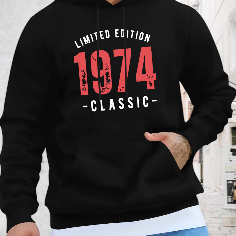 

Men's Fashion Hoodie - Casual Knit Pullover With Random Creative Limited 1974 Classic Print, Hooded Collar, Kangaroo Pocket