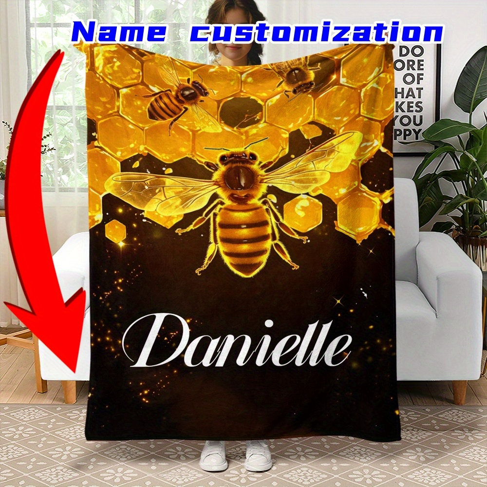 

Custom Name Honey Bee And Hive Design Flannel Throw Blanket - Lightweight Polyester Fiber Personalized Blanket For Couch, Sofa, Bed, Office, And Travel