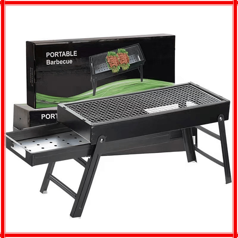 TEMU Portable Folding Bbq Grill - Durable Iron, Spray-painted Finish For Outdoor Leisure