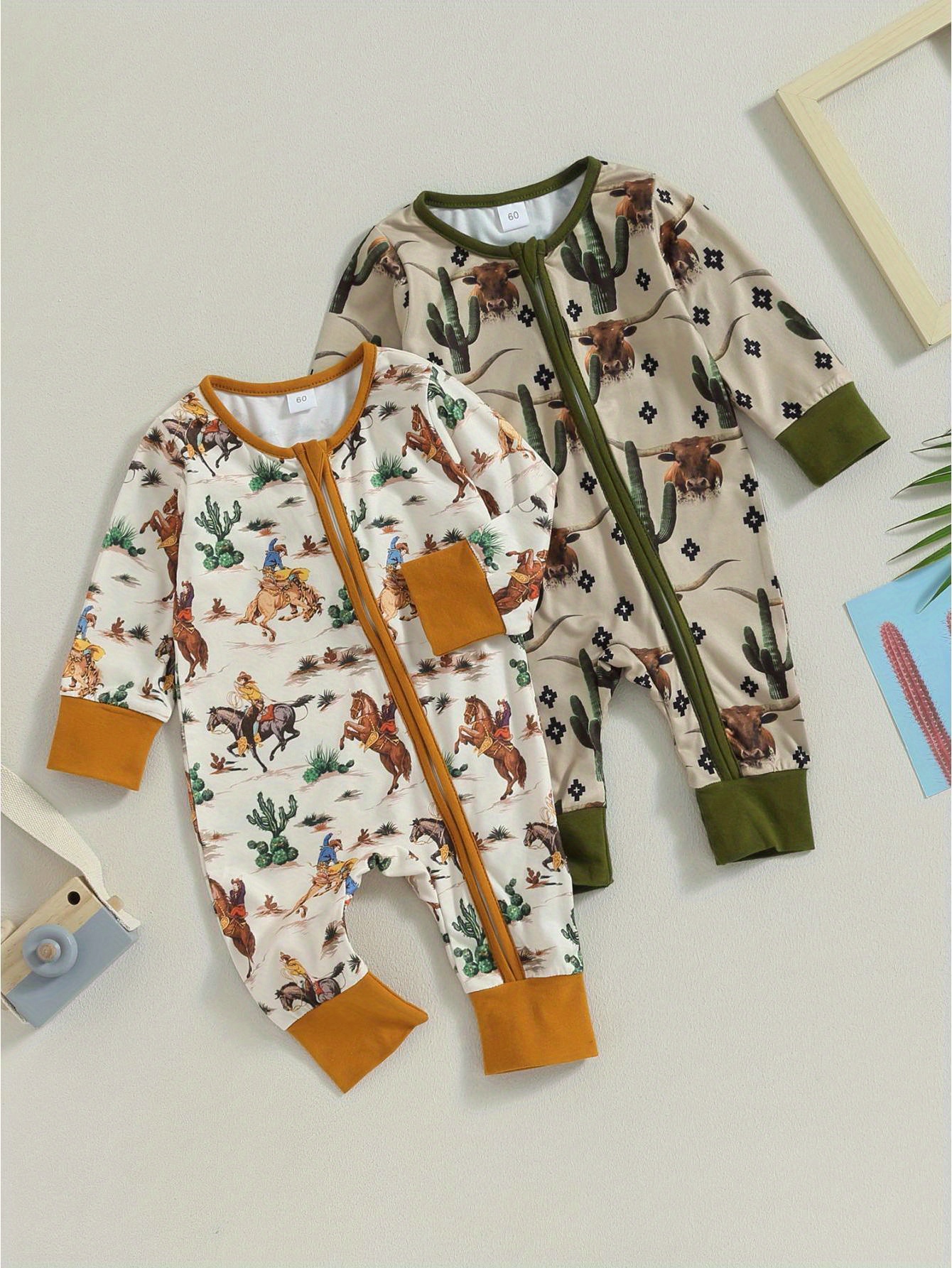 Christmas Gift Baby Boys' Cow Horse Print Romper Long Sleeve Zippered  Winter Jumpsuit with Cactus Design, Warm Autumn Newborn Outfit, Machine Wash