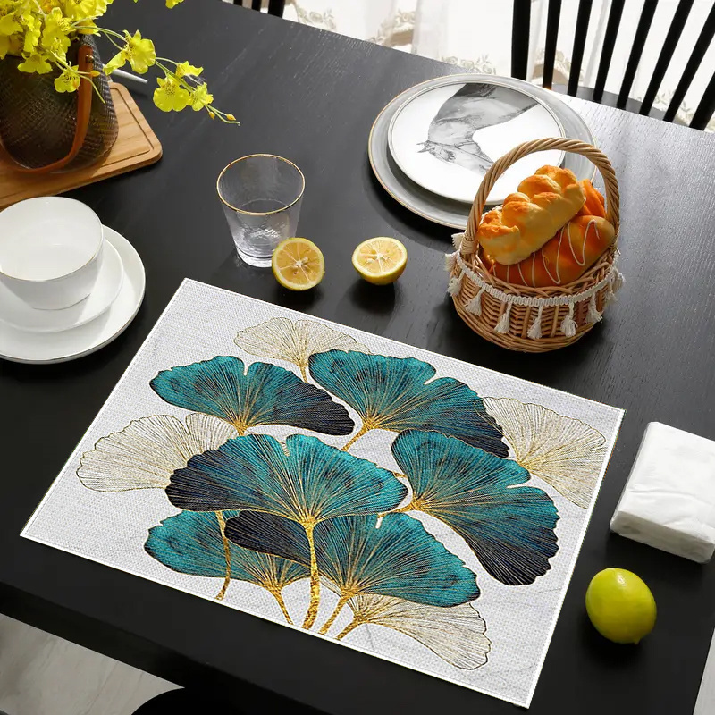 

Set Of 2/4/6 Woven Polyester Place Mats - Ginkgo Leaf Design, Rectangular Heat Resistant Table Mats, Fade Resistant, Machine Washable, Elegant Party Decor, Enhances Kitchen Décor