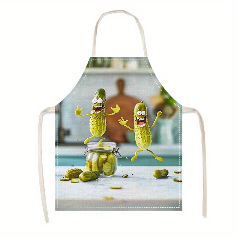 

Funny Pickle Characters Design Linen Kitchen Apron - 1pc, 100% , Unisex, Adjustable Neck Strap & Ties, Ideal For Party, Gardening, Painting, Home Use