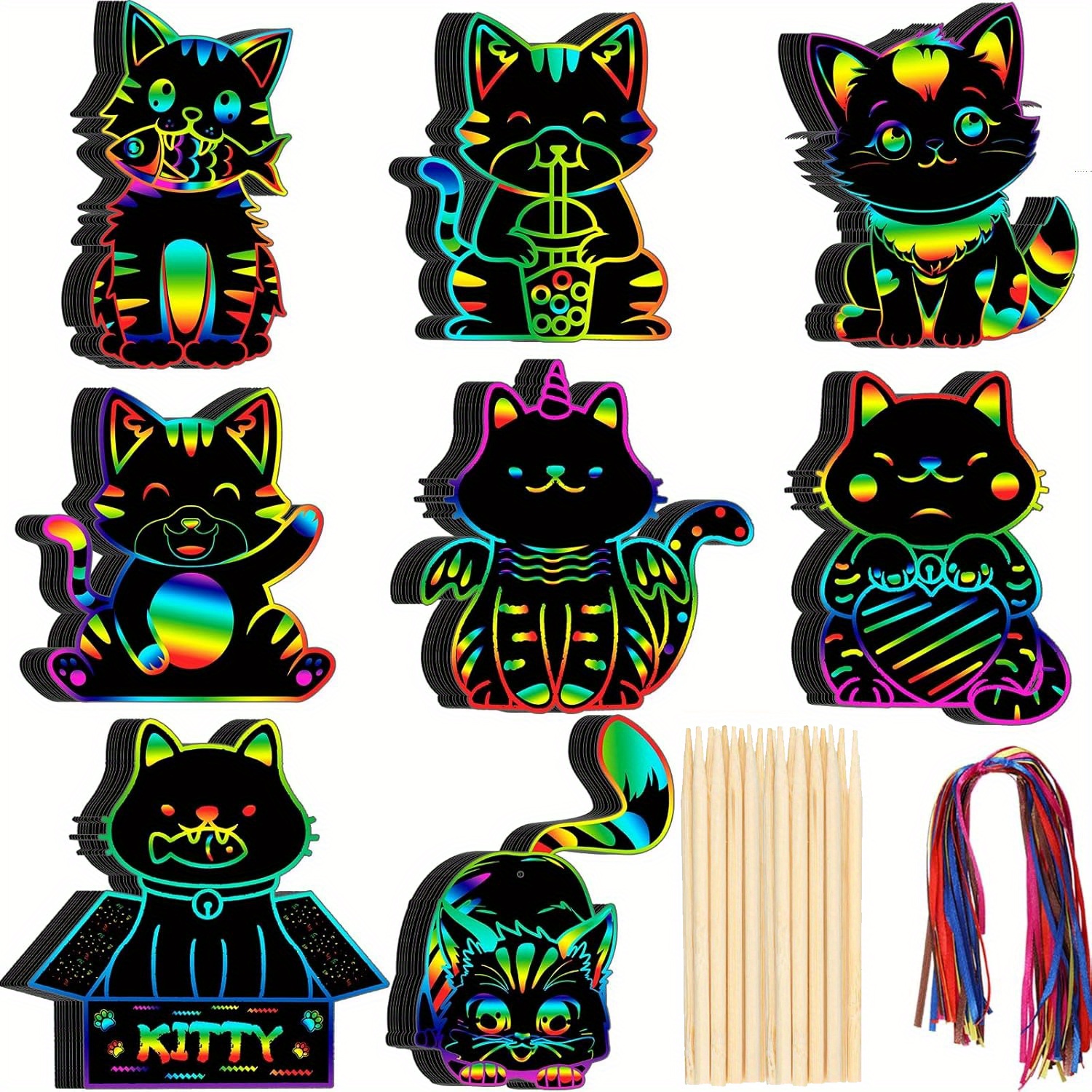 

48pcs Rainbow Kitten Scratch Art Kit With 24 Styluses & Colorful Ribbons - Perfect For Diy Crafts, Classroom Activities, And Party Favors