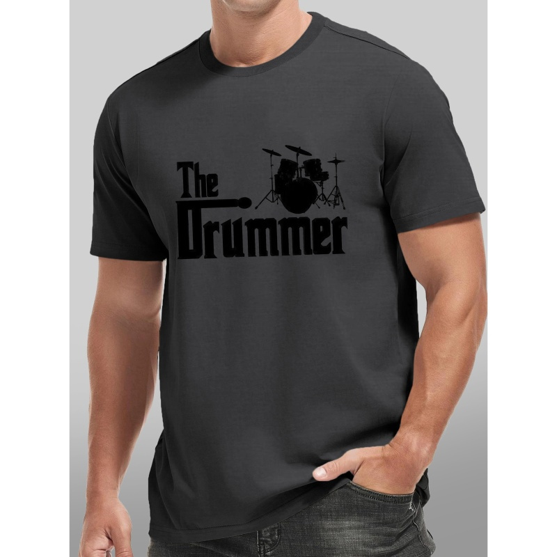 

The Drummer Print Men's Loose Casual T-shirt, Breathable Comfy Regular Fit Outdoor Tops For Workout & Leisure, Best Summer Choice, As Gifts