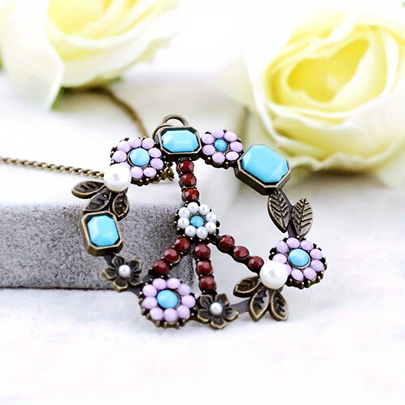 TEMU 1pc Bohemian Pendant Necklace With Floral Pattern - Alloy , Suitable For Daily Or Formal Wear, Peace Sign Jewelry, Vintage Accessories