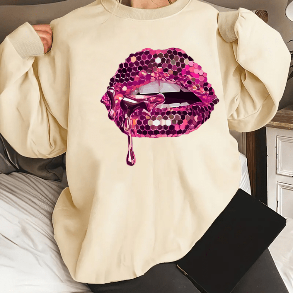 

Plus Trendy Lip Graphic Print Sweatshirt, Casual Long Sleeve Crew Neck Sweatshirt Spring And Autumn, Women's Clothing