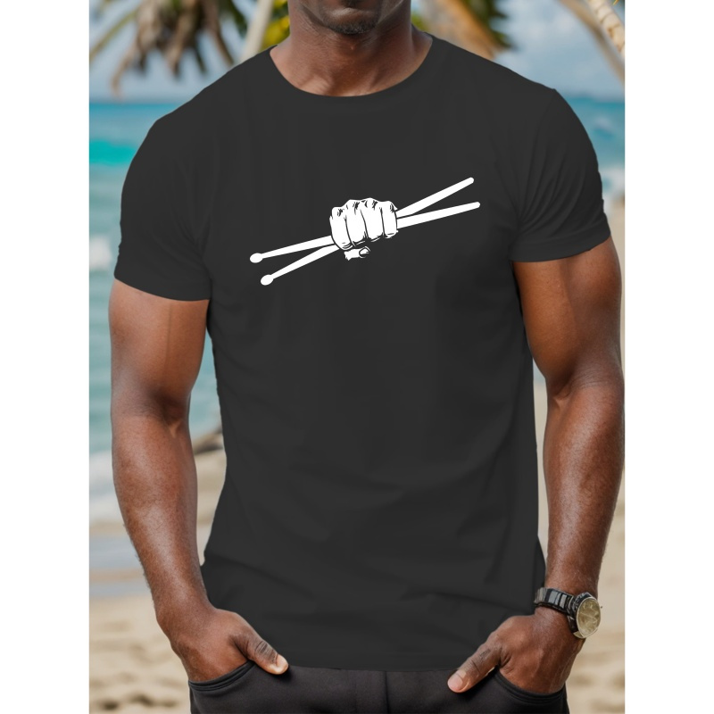 

Men's Casual Short Sleeve T-shirt With Drum Stick Print - Breathable Polyester, Crew Neck, Summer Fashion Top