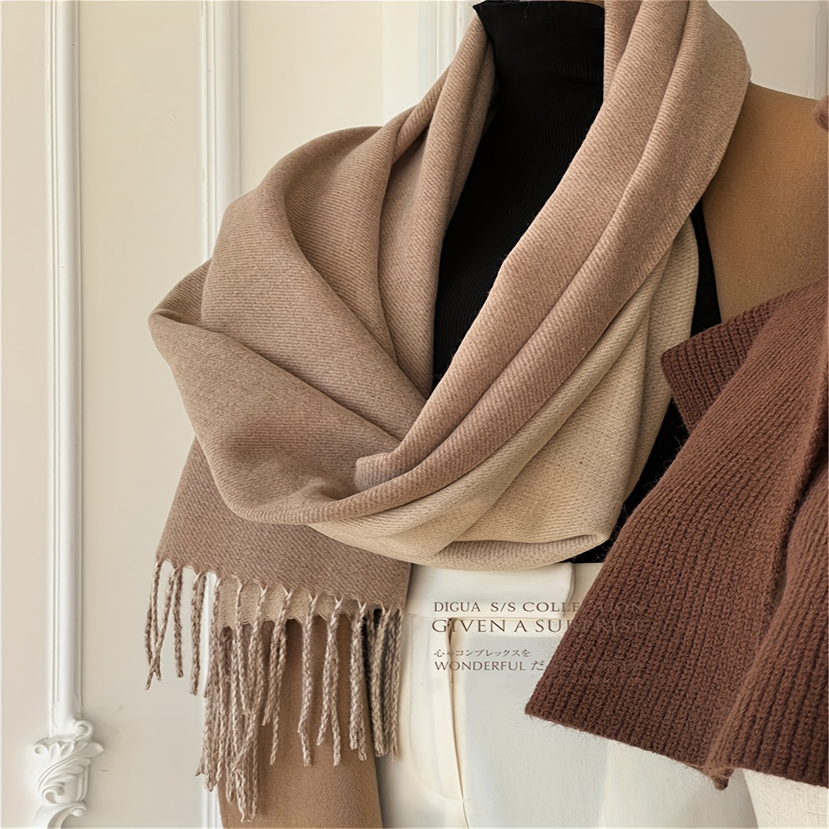 

[cozy ] Luxurious Double-sided Scarf - Cozy 100% Cashmere Shawl In Coffee & Apricot With Detail, Warm & For Autumn/winter,