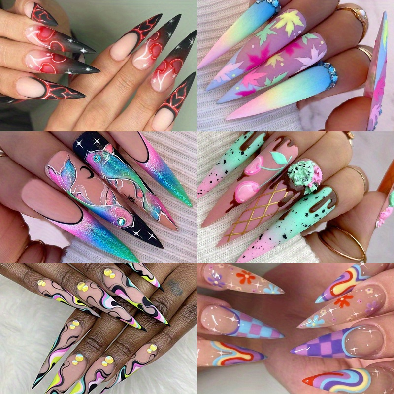 

6 Packs (144pcs) Extra Coffin Press On Nails Long Fake Nails Matte Glue On Nails Ballerina Colorful Acrylic Nails Plaid Swirl False Nails With Graffiti Design 24 Pcs