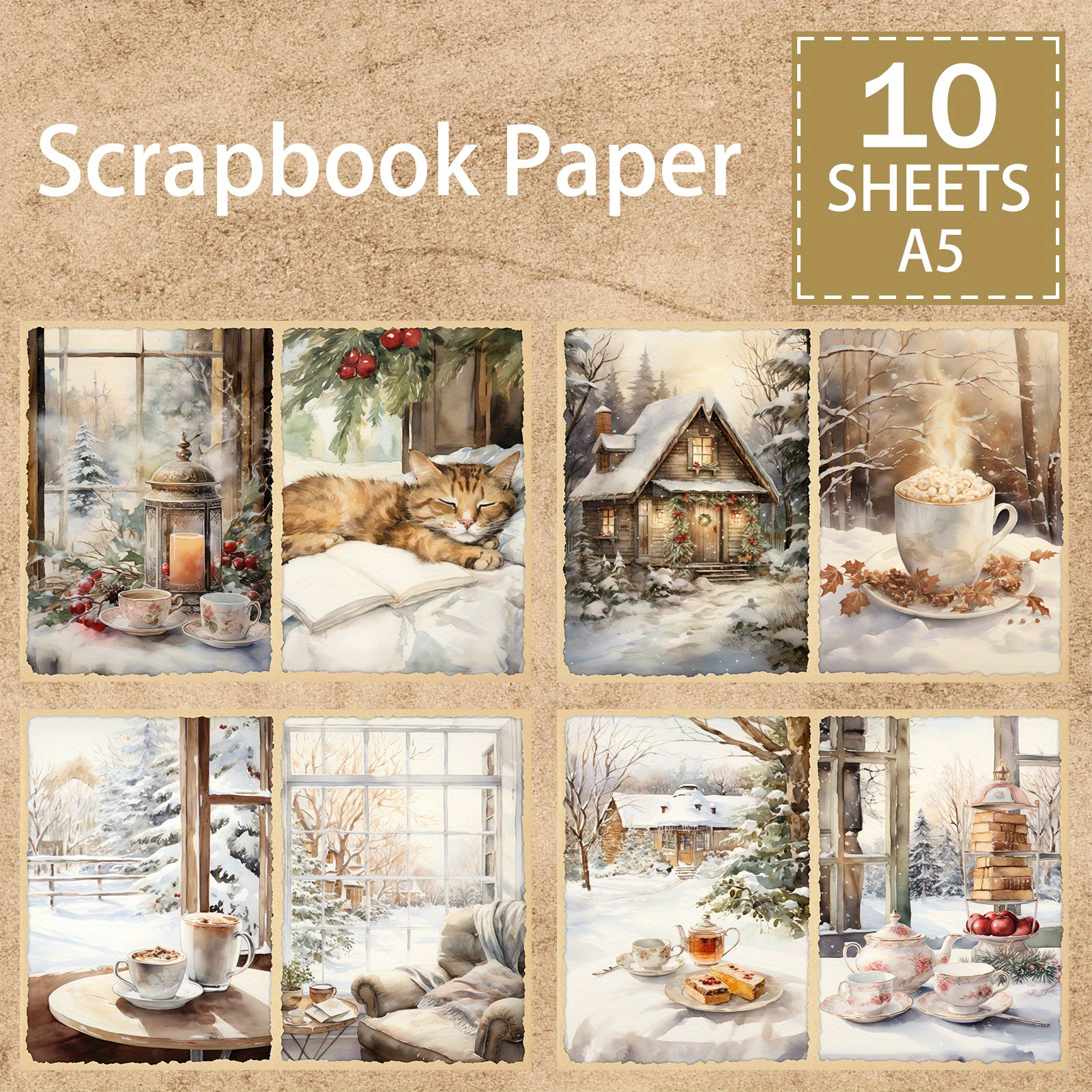 

10 Sheets Of A5 Scrapbook Paper: Festive Christmas Snowy House, Tea Time, And Kitty Backgrounds For Diy, Journals, And Card Making