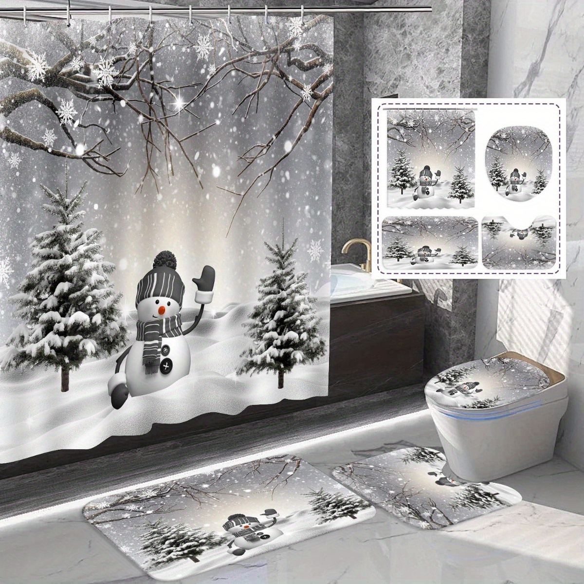 

1/4pcs Christmas Snowman Bath Curtain Set, Christmas Snow Scene Bathtub Decoration, Bath Mat Rug, Shaped Toilet Seat Cover, Waterproof Bath Curtain, 71x71in, Bathroom Home Decoration