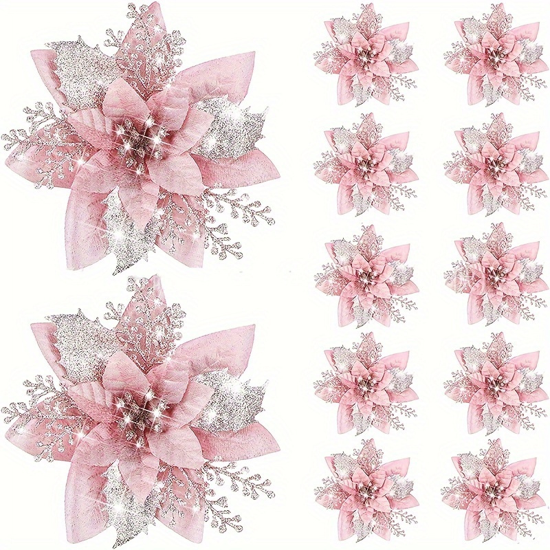 

12 Pcs Festive Pink Poinsettia Flower Clips For Christmas Trees - Reusable Plastic Decorations, No Feather, Universal Fit For Holiday Décor