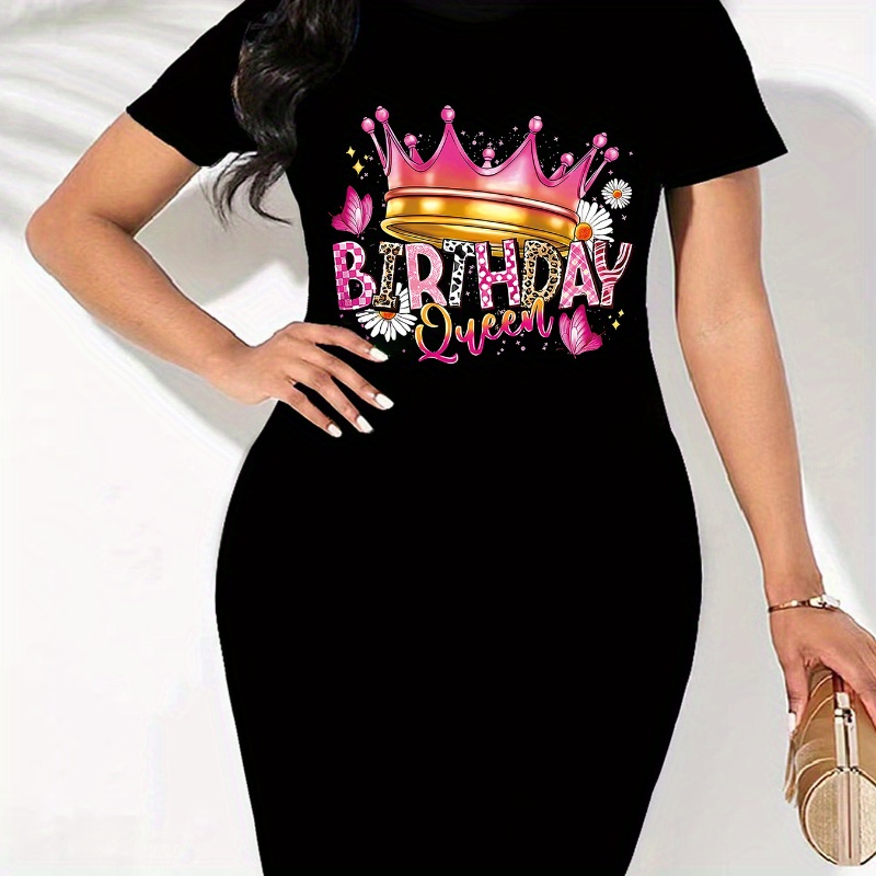 

Plus Size Birthday Queen Print Bodycon Dress, Casual Short Sleeve Crew Neck Dress For Summer & Spring, Women's Plus Size Clothing