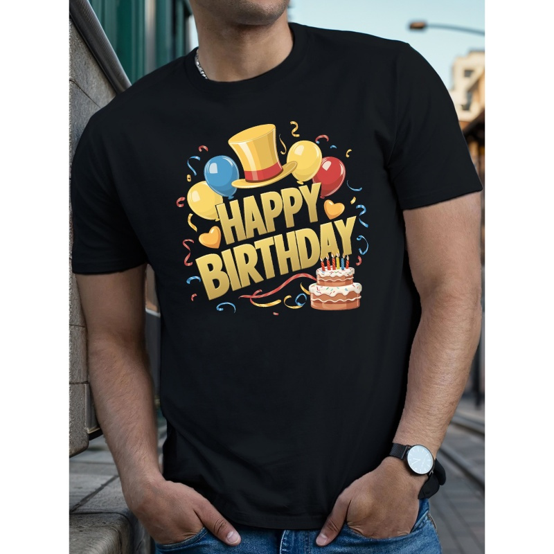 

Celebration Happy Print Tee Shirt, Men's Casual Crew Neck Short Sleeve T-shirt, Comfy Outdoor Top For Summer