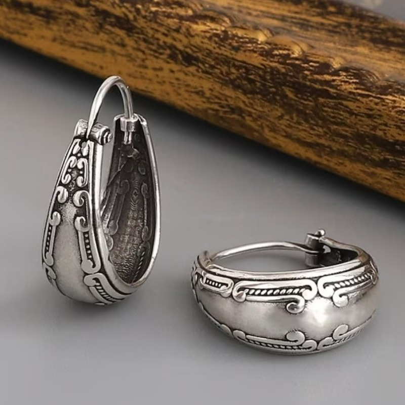 TEMU Boho Earrings, Silvery Color Women Earrings, Artisian Earrings, Gift For Her, Silvery Textured Earrings