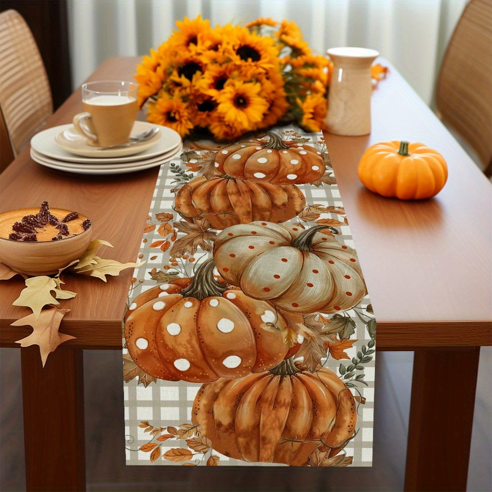 TEMU 1pc Autumn Pumpkin & Maple Leaf Table Runner, 13x72 Inches, Polyester Woven Fabric, Rectangular, Festive Home & Kitchen Decor For , Holiday Table Setting