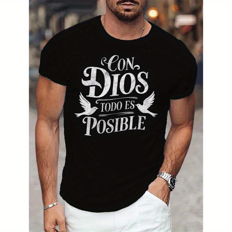 

Todo Es Posible Print Tee, Men's Casual Short Sleeve Summer T-shirt, Breathable Quick-dry Fabric, Machine Washable Crew Neck Regular Fit