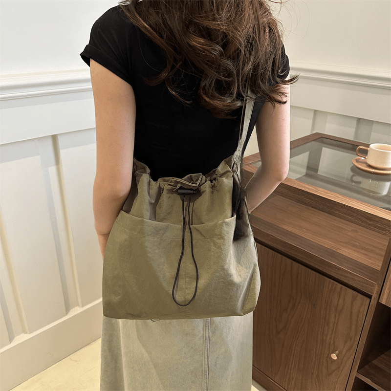 

Women' Canvas Bucket Bag, Simple Solid Color Large Capacity Drawstring Shoulder Bag For Casual Streetwear And Commuting